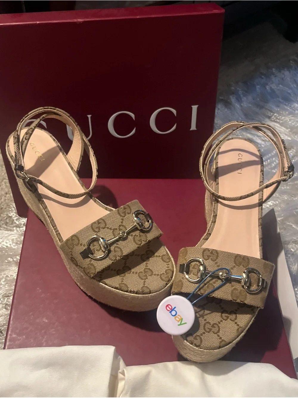 Gucci Brown Monogram Platform Espadrille Sandals with Gold Hardware